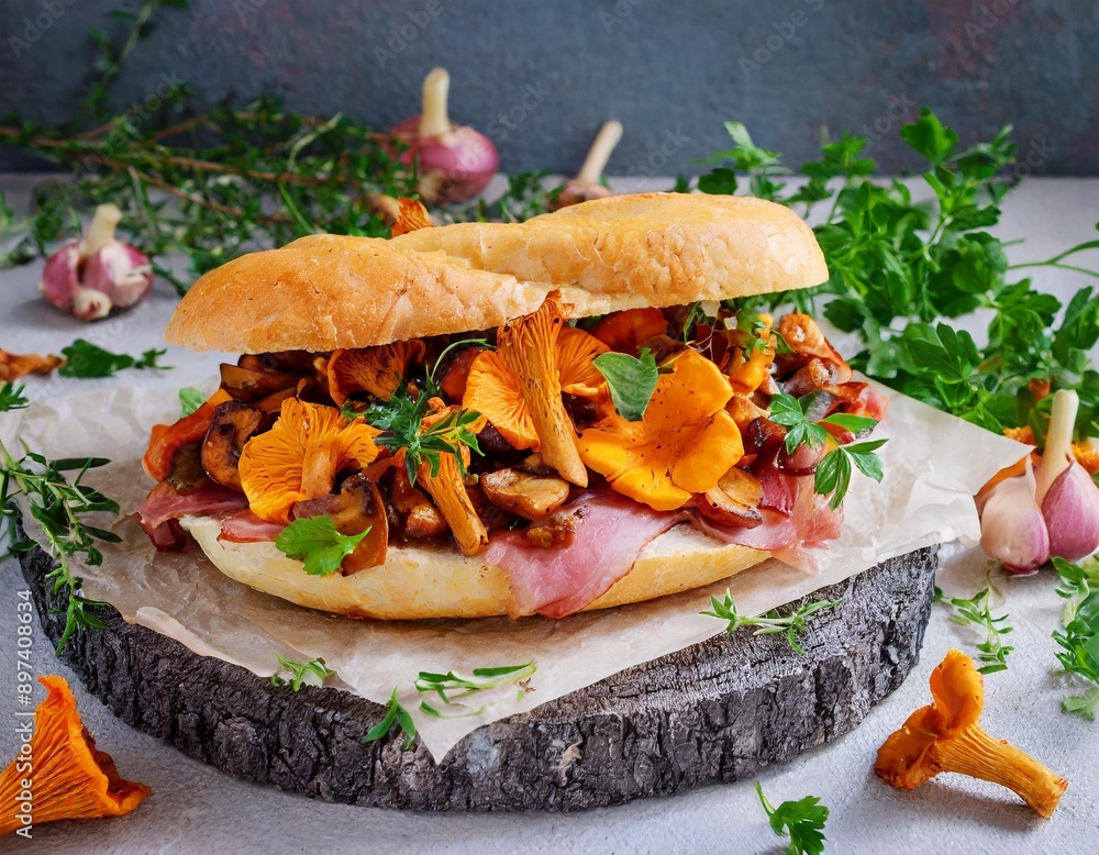 Obraz premium Sandwich mit frischen Pfifferlingen, Gulasch, Schinken und frischen Kräutern