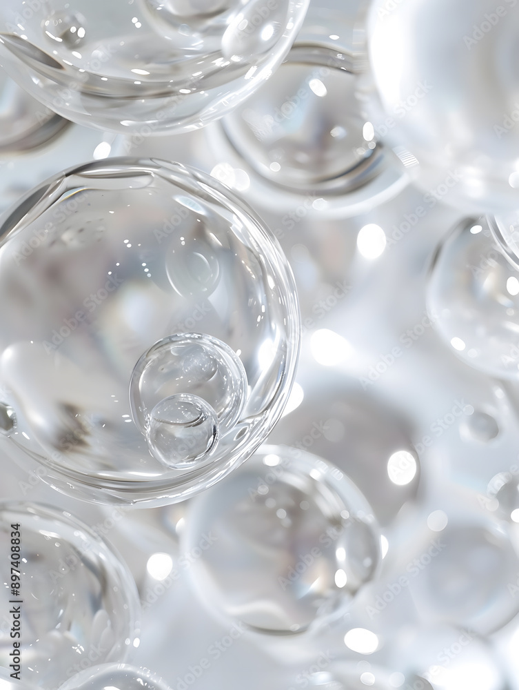 oil bubbles floating against a light background. The bubbles are semi-transparent with a reflective quality oil bubbles floating against a light background. The bubbles are semi-transparent with a reflective quality