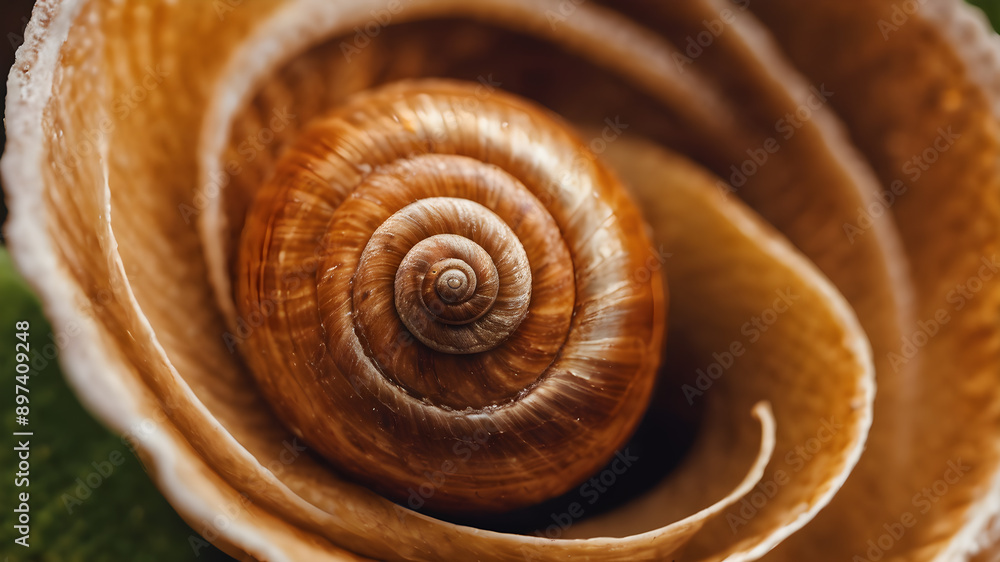 Close-up of a snail shell with spiral pattern. Generative AI Close-up of a snail shell with spiral pattern. Generative AI