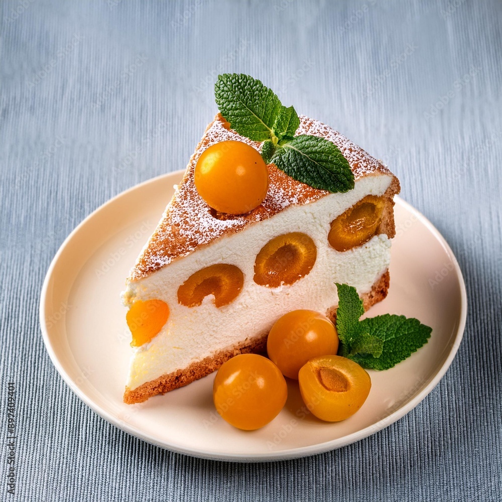 Fototapeta premium Stück Sahnetorte mit Mirabellen und Minze