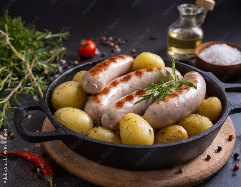 Weißwürste in einer Pfanne mit Kartoffeln und Gemüse mit dunklem Hintergrund und Kräutern Weißwürste in einer Pfanne mit Kartoffeln und Gemüse mit dunklem Hintergrund und Kräutern