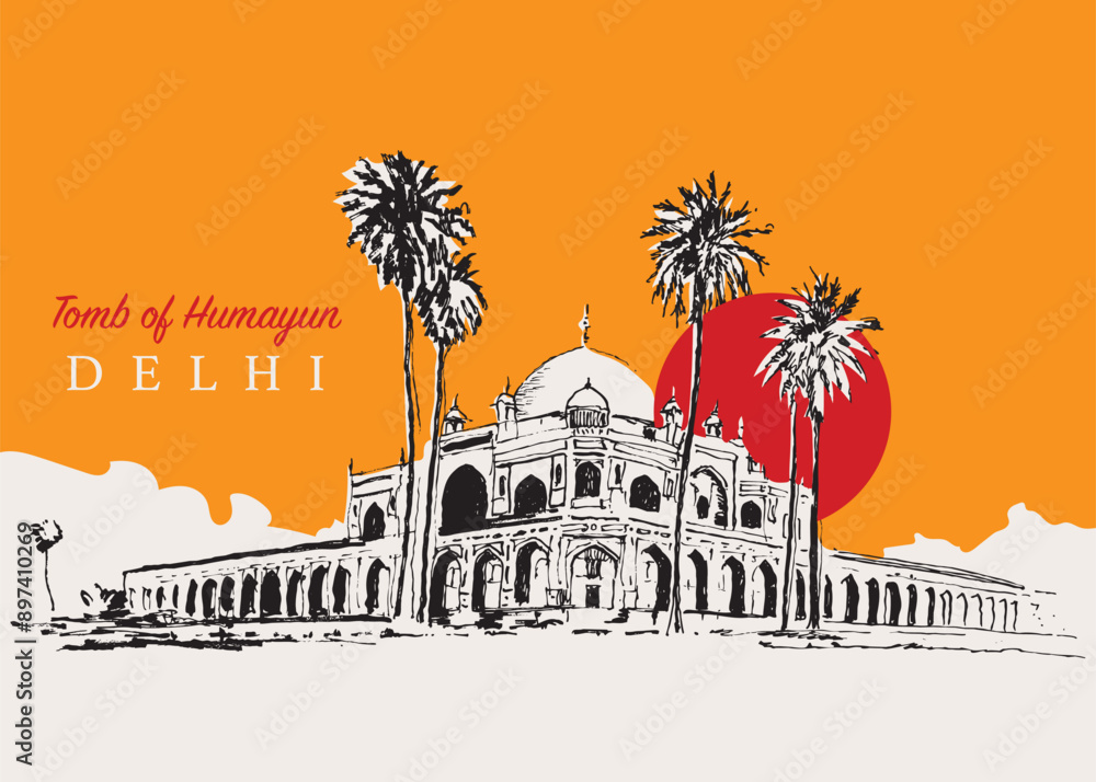 Drawing sketch illustration of the Tomb of Humayun in Delhi, India