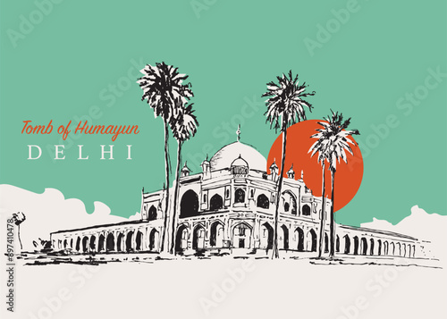 Drawing sketch illustration of the Tomb of Humayun in Delhi, India