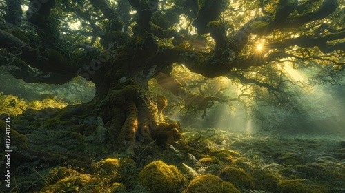 Enchanted Forest Glow at Sunset in Lush Woodland Landscape © Nice Seven
