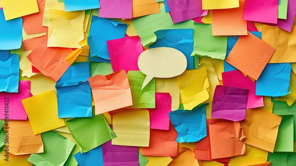 Message displayed on colorful paper with white text speech bubble and announcements Message displayed on colorful paper with white text speech bubble and announcements