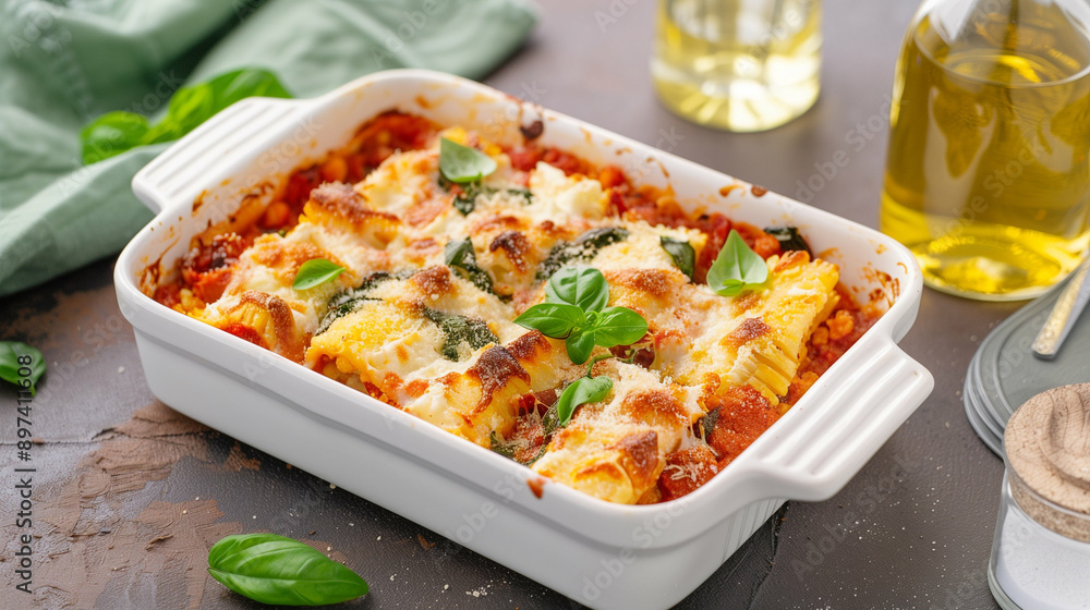 Baked pasta with fresh basil cheese and rich tomato sauce served for dinner. Delicious pasta casserole in a white dish with olive oil. Perfect for a hearty meal Baked pasta with fresh basil cheese and rich tomato sauce served for dinner. Delicious pasta casserole in a white dish with olive oil. Perfect for a hearty meal