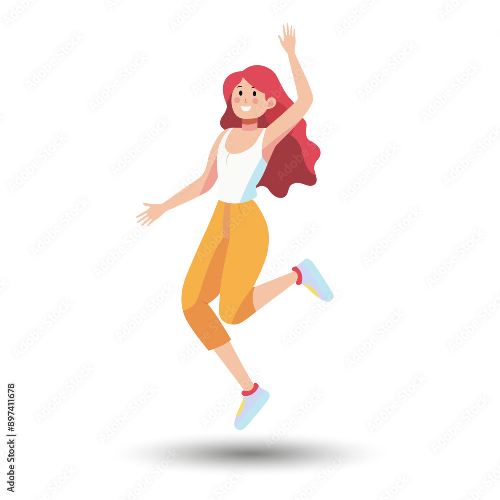 The beautiful girl raised her hands in delight. A simple vector illustration of a cartoon-style man on a white background. The beautiful girl raised her hands in delight. A simple vector illustration of a cartoon-style man on a white background.