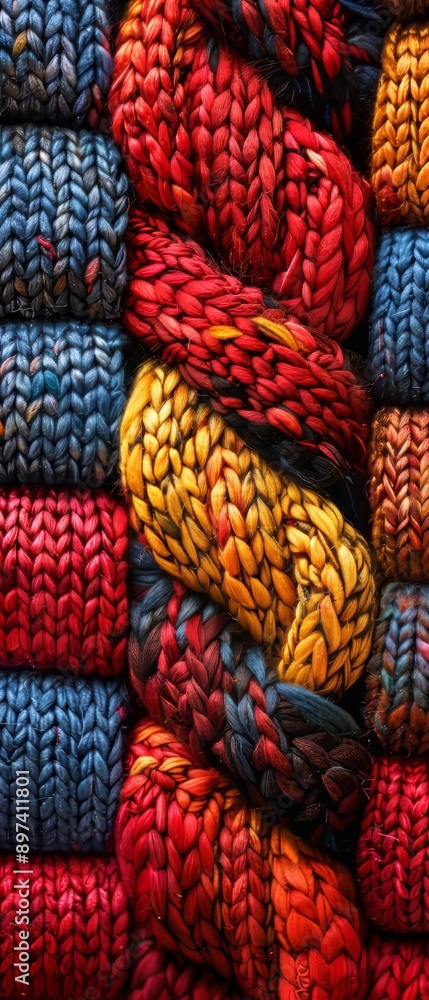 A bunch of knitted yarns in different colors and textures A bunch of knitted yarns in different colors and textures