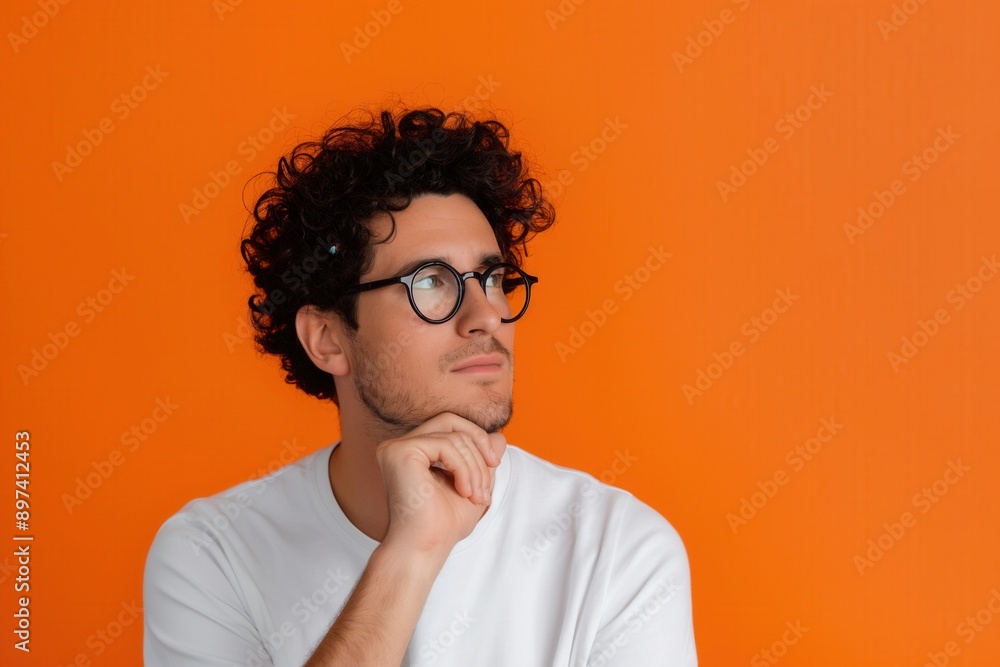Thoughtful Young Man with Curly Hair and Glasses Against Orange Background Thoughtful Young Man with Curly Hair and Glasses Against Orange Background