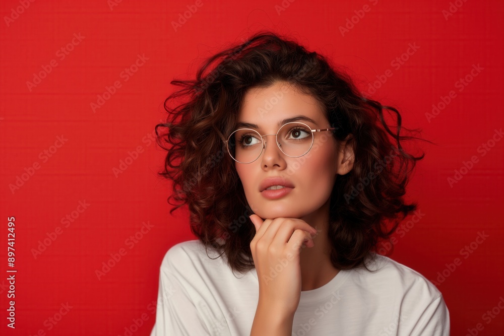 Thoughtful Young Woman with Curly Hair and Glasses Against Red Background Thoughtful Young Woman with Curly Hair and Glasses Against Red Background