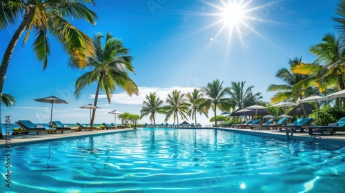 Clear Blue Sky Over a Relaxing Resort Pool with Palm Trees and Sunbeds