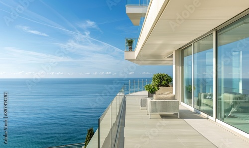 Balcony of a modern house overlooking the sea. © Iigo