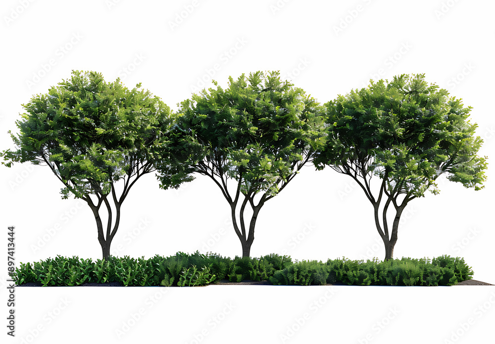 green trees shaped like bushes, white background green trees shaped like bushes, white background