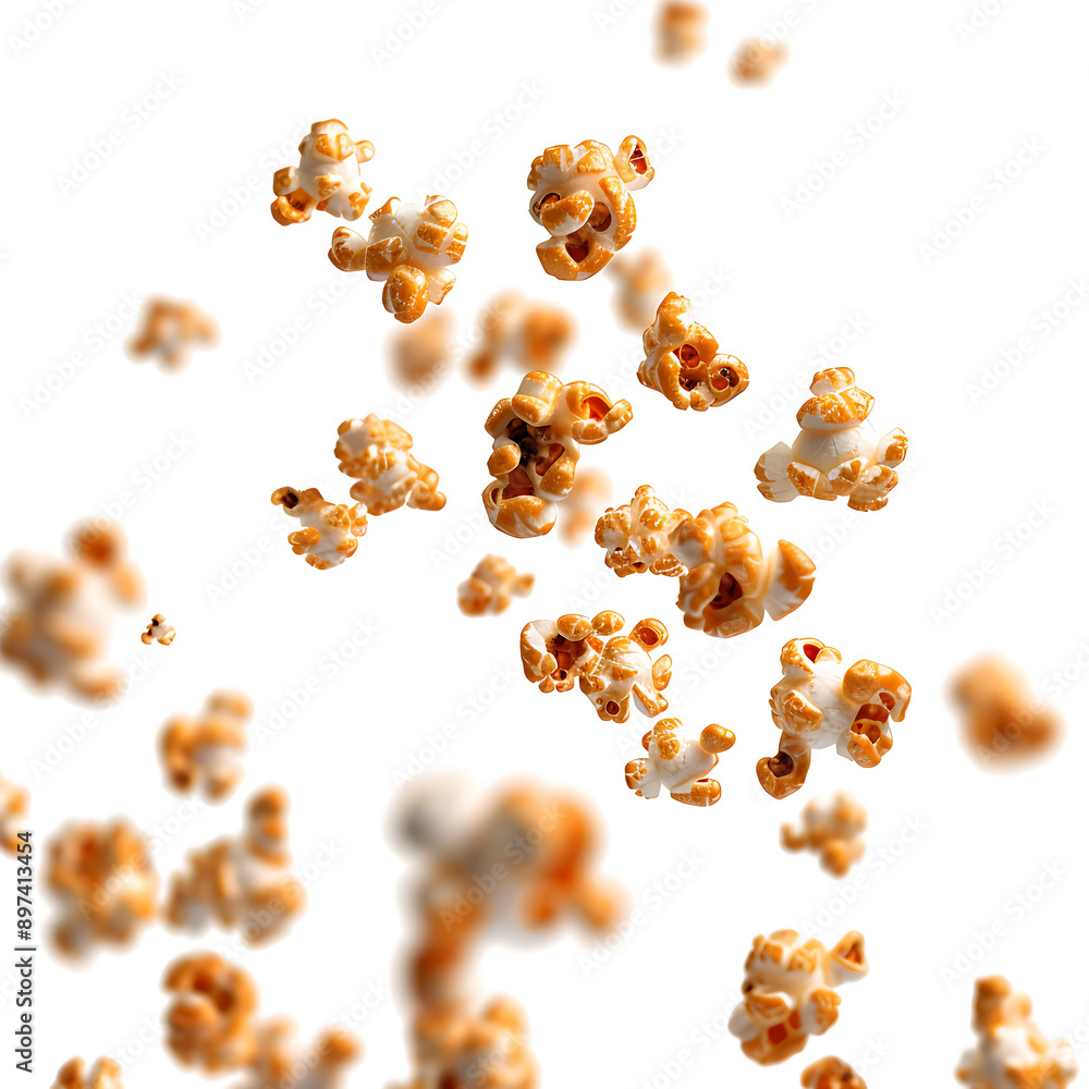 This natural caramel popcorn is falling from top to bottom on a white background This natural caramel popcorn is falling from top to bottom on a white background