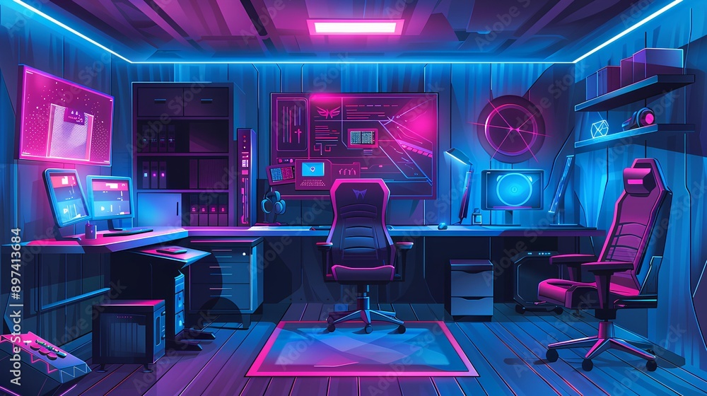 The gaming room with pink and blue neon in the modern style The gaming room with pink and blue neon in the modern style