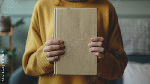 Hand holding blank book cover, close-up, neutral background, Mockup, sleek and clean design photo