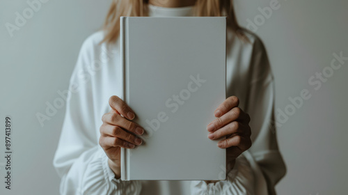 Hand holding blank book cover, close-up, neutral background