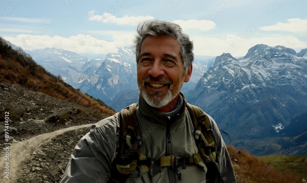 Hiker in Himalayas, Man on the trek in Nepal Hiker in Himalayas, Man on the trek in Nepal