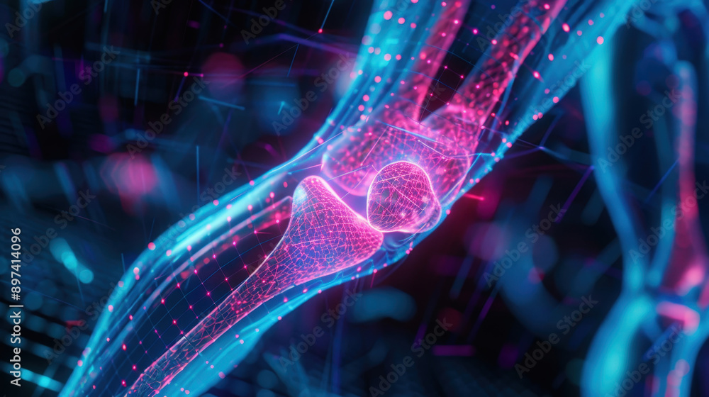 Holographic image of knee pain with detailed joint structure, Pain's hologram, orthopedic visualization Holographic image of knee pain with detailed joint structure, Pain's hologram, orthopedic visualization