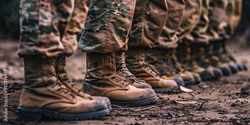 Close-up of soldier's feet in military boots standing on the ground