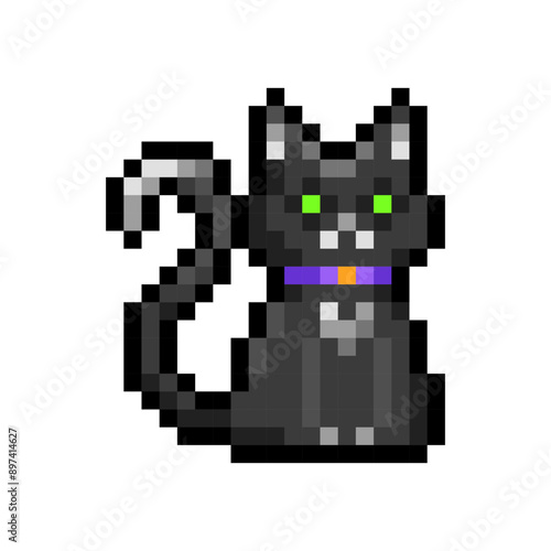 Cute black cat character icon isolated on transparent background. Black kitty with a collar sitting. Halloween celebration. Vector pixel art illustration in 16-bit old style.