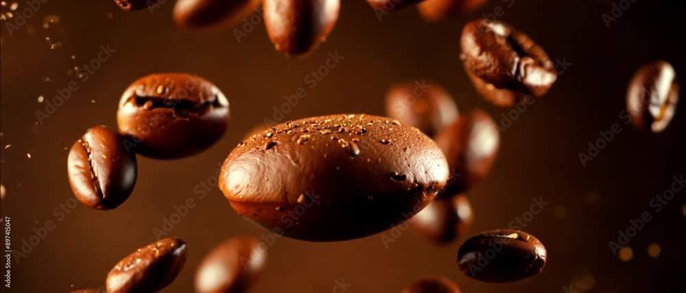 Super slow motion shot of falling roasted coffee beans on light background macro. Roasting flying coffee. Whole coffee explosion close up 4k video Super slow motion shot of falling roasted coffee beans on light background macro. Roasting flying coffee. Whole coffee explosion close up 4k video