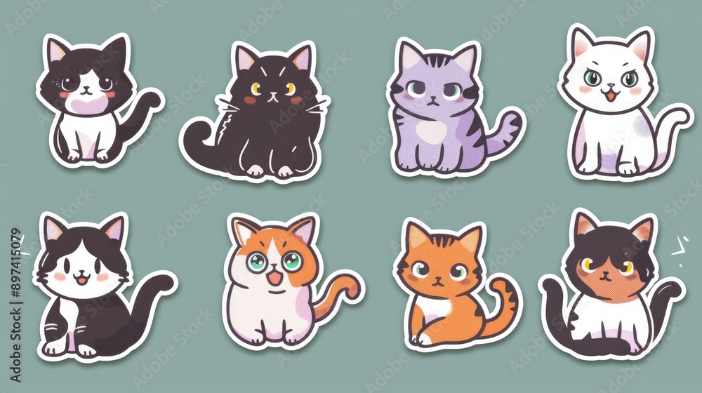 Set of cute and simple cat stickers in a Japanese anime cartoon style, showcasing various expressions and activities in vibrant colors Set of cute and simple cat stickers in a Japanese anime cartoon style, showcasing various expressions and activities in vibrant colors