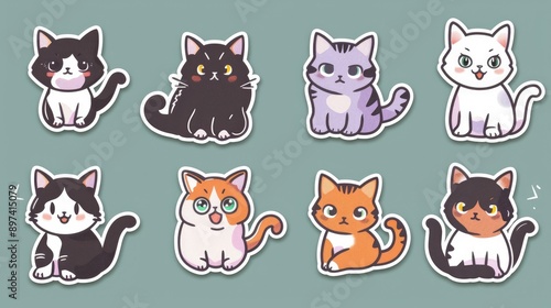 Set of cute and simple cat stickers in a Japanese anime cartoon style, showcasing various expressions and activities in vibrant colors