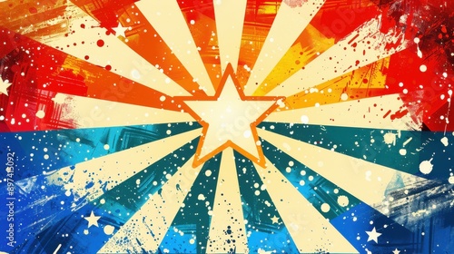 Abstract background with a starburst design in red, yellow, blue and white with a grunge effect. photo