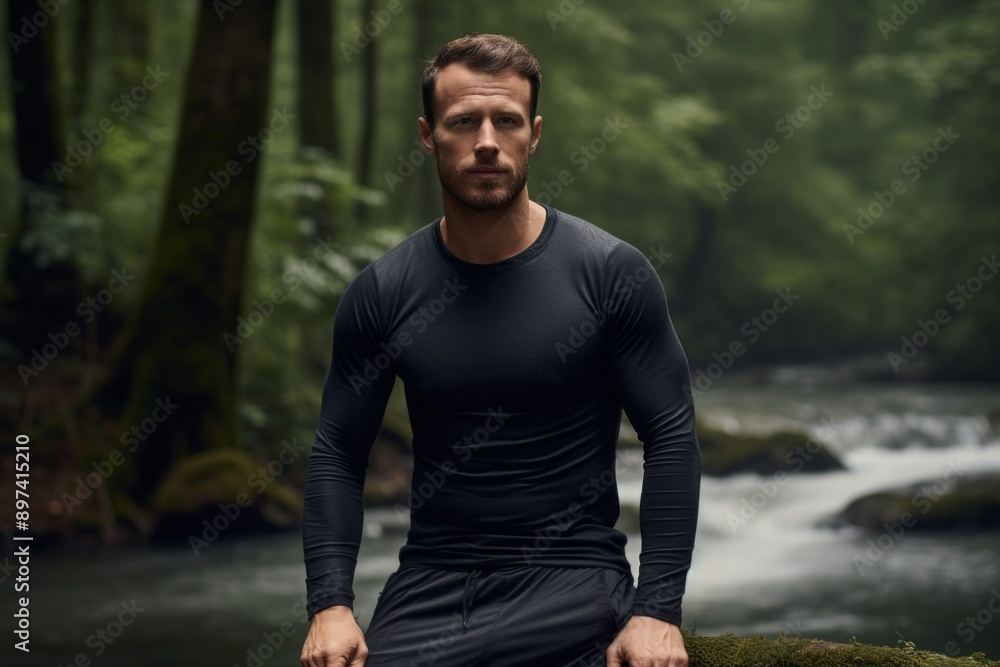 Portrait of a content man in his 30s sporting a long-sleeved thermal undershirt isolated on tranquil forest stream Portrait of a content man in his 30s sporting a long-sleeved thermal undershirt isolated on tranquil forest stream