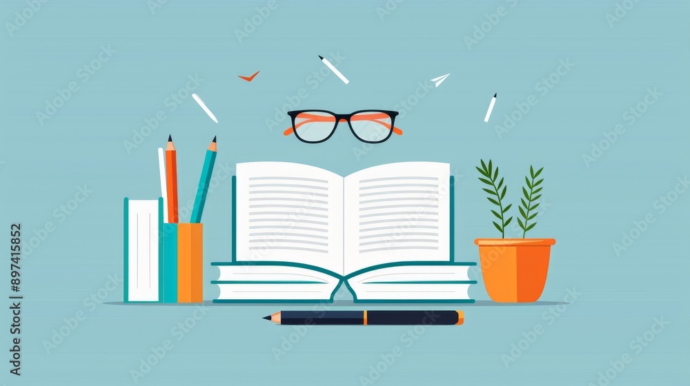 Obraz premium A book is open on a table with a pen and a pencil