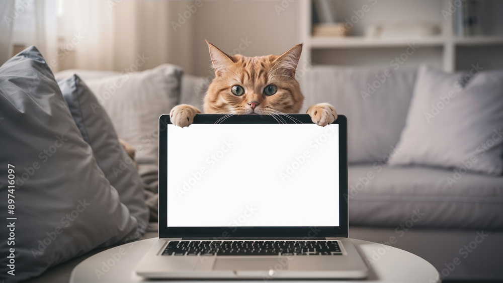 Orange cat is peeking from behind the laptop screen Orange cat is peeking from behind the laptop screen