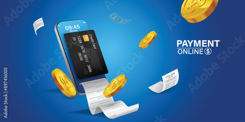 Bill of expenses is on mobile phone.Pay bills with mobile phone.Online shopping spending.Online shopping via smartphone.Bill payment flat isometric vector concept of mobile payment, shopping, banking.