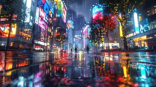 Rainy Neon Cityscape Illustration © Boraryn