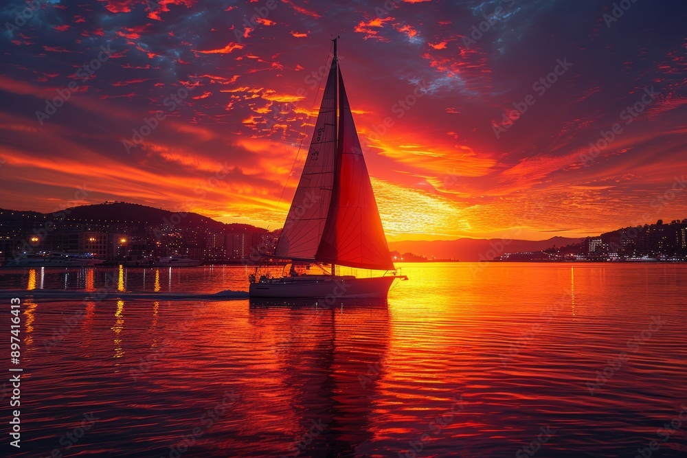 Sailboat silhouetted against a vibrant sunset over a city harbor, reflecting in calm waters. Sailboat silhouetted against a vibrant sunset over a city harbor, reflecting in calm waters.