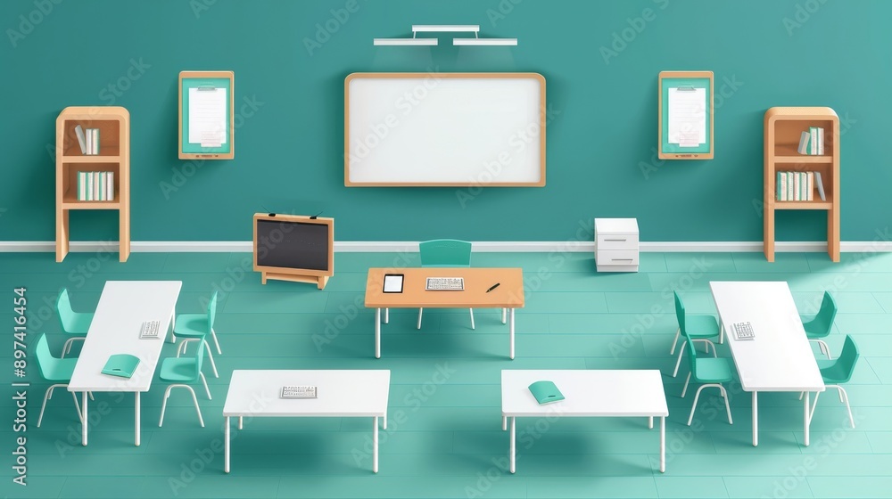 A classroom with a white board and green chairs A classroom with a white board and green chairs