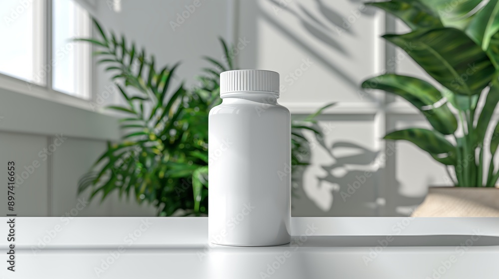 A white plastic supplement bottle on a white table, with green plants in the background, captured in natural light. A white plastic supplement bottle on a white table, with green plants in the background, captured in natural light.