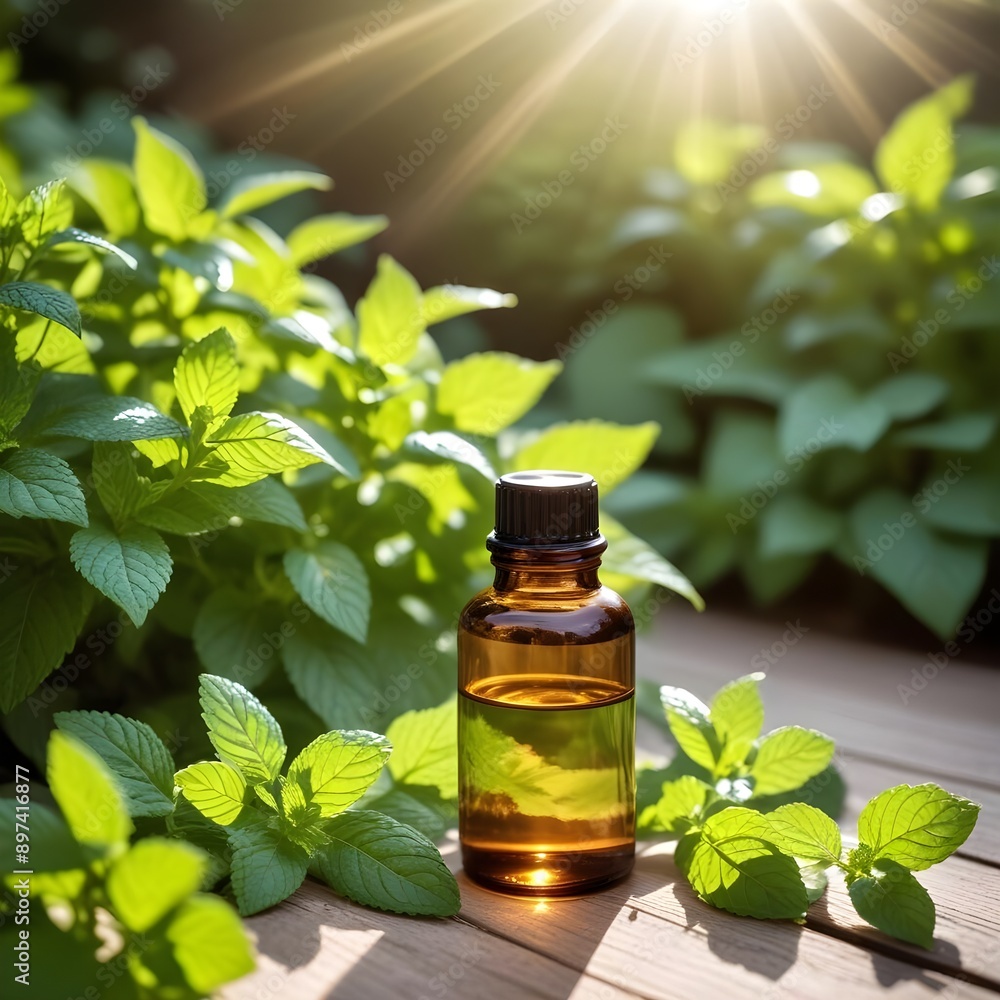 An outdoor scene featuring peppermint oil beside a small garden with fresh peppermint plants, sunlight filtering through the leaves, capturing the essence of nature An outdoor scene featuring peppermint oil beside a small garden with fresh peppermint plants, sunlight filtering through the leaves, capturing the essence of nature