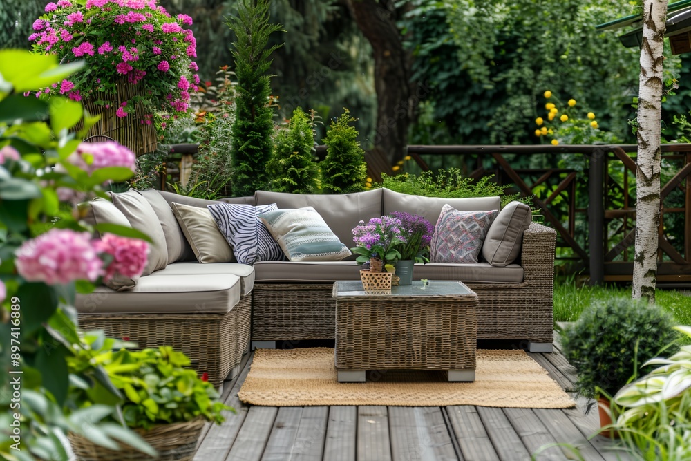 A patio with a couch, coffee table, and potted plants. The couch is ...