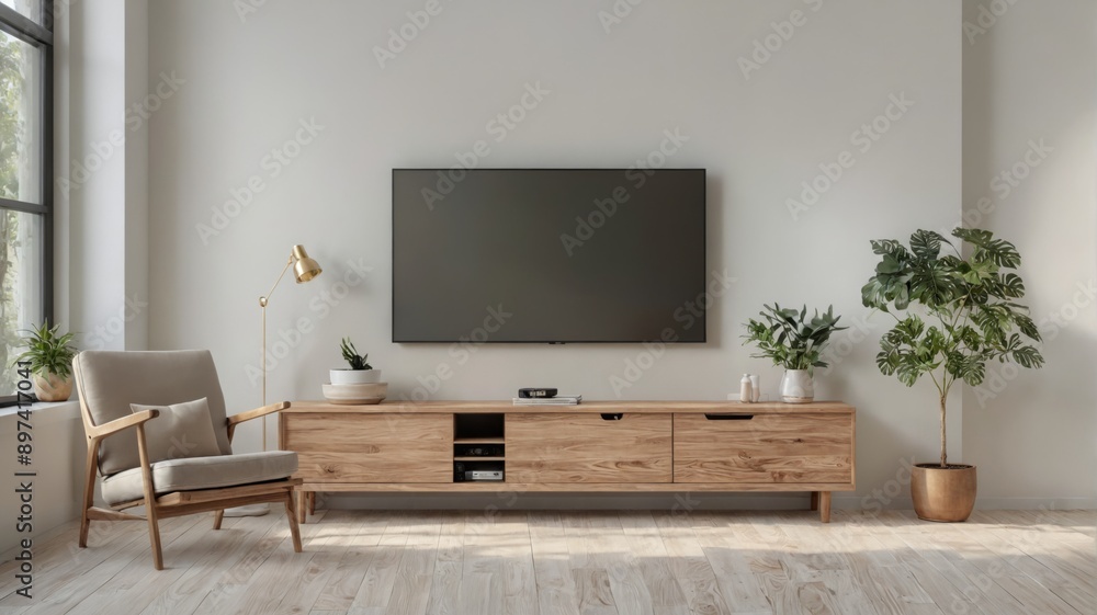 Modern living room large flat-screen TV mounted wall Mockup a TV Modern living room large flat-screen TV mounted wall Mockup a TV