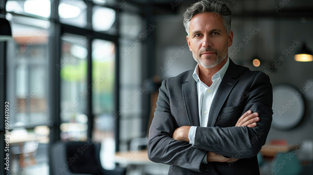 Happy business man executive standing in office. Smiling mature confident professional manager, confident, generative ai Happy business man executive standing in office. Smiling mature confident professional manager, confident, generative ai