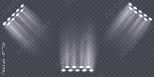 Bright stadium floodlights for sports games, concerts, shows, events. Transparent background Adobe Illustrator Artwork