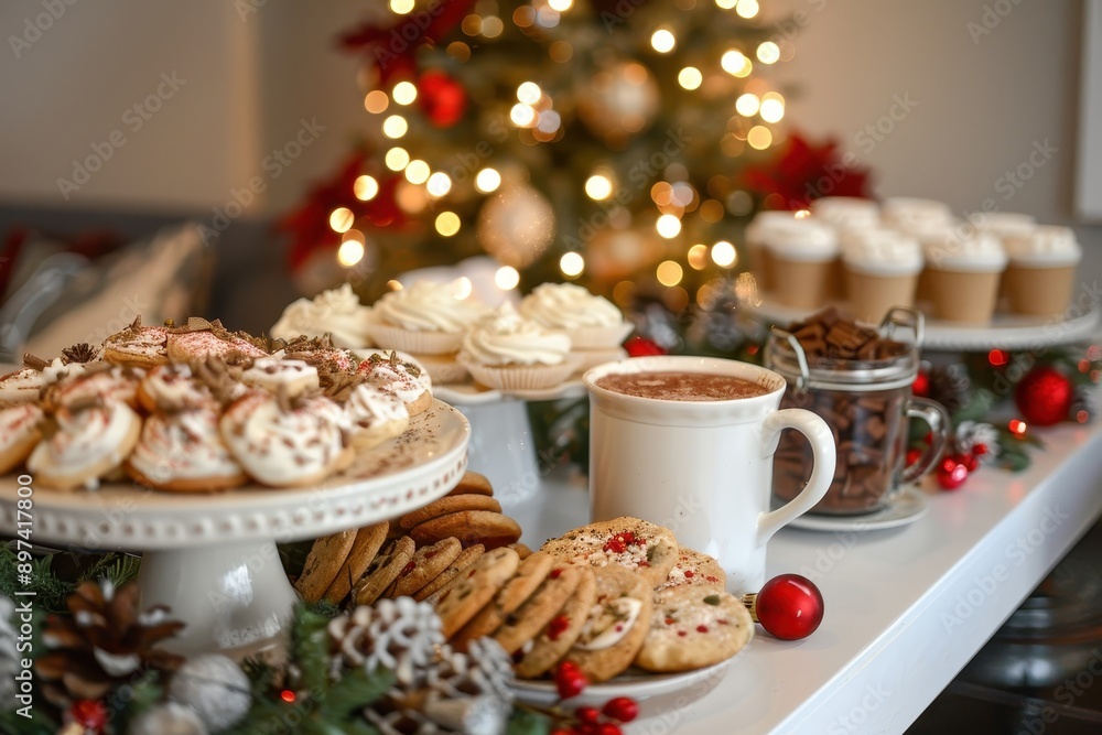 A table is decorated with a variety of desserts and a mug of hot chocolate A table is decorated with a variety of desserts and a mug of hot chocolate