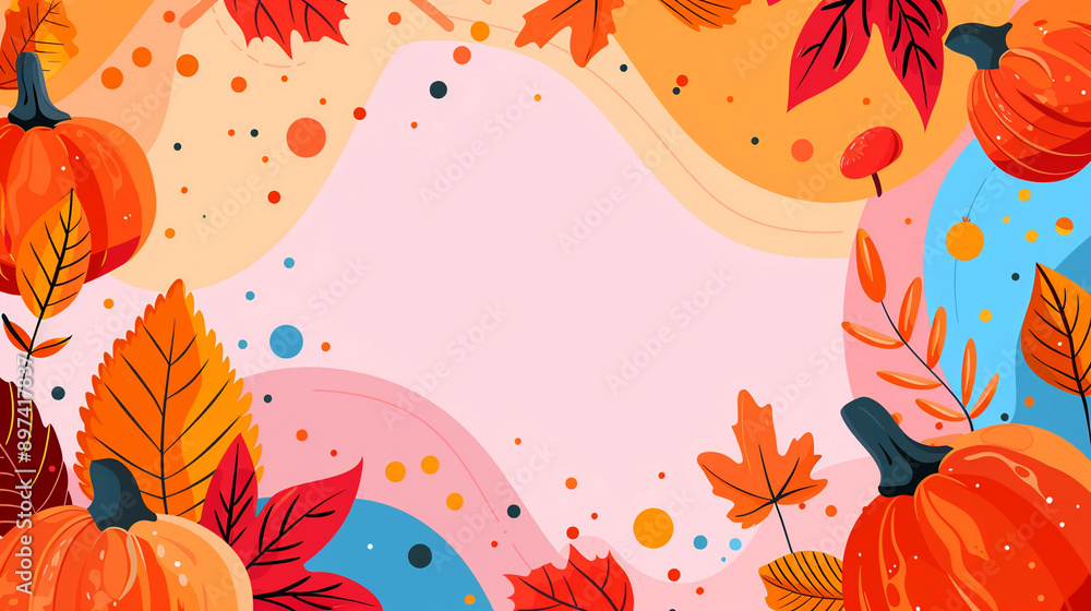 Fototapeta premium Abstract banner featuring orange pumpkins and red autumn leaves on a beige background, with copy space for Halloween and Thanksgiving messages.