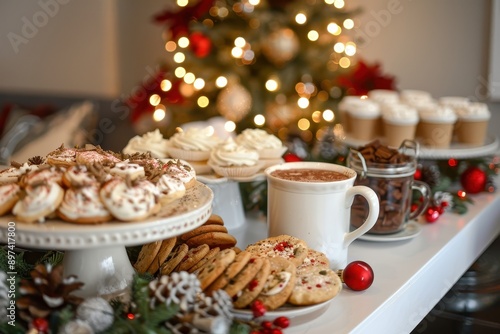 A table is decorated with a variety of desserts and a mug of hot chocolate