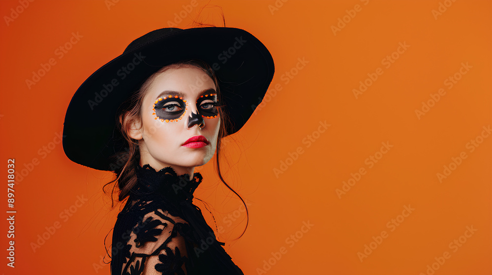 A woman posing for Halloween dressed in a costume, background poster with copy space for marketing and promotion A woman posing for Halloween dressed in a costume, background poster with copy space for marketing and promotion