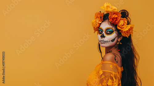 A woman posing for Halloween dressed in a costume, background poster with copy space for marketing and promotion photo