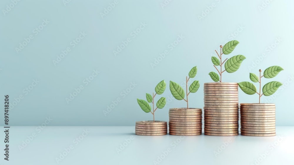 Economic prosperity, coins with rising graph, 3D illustration, growth concept, copy space Economic prosperity, coins with rising graph, 3D illustration, growth concept, copy space