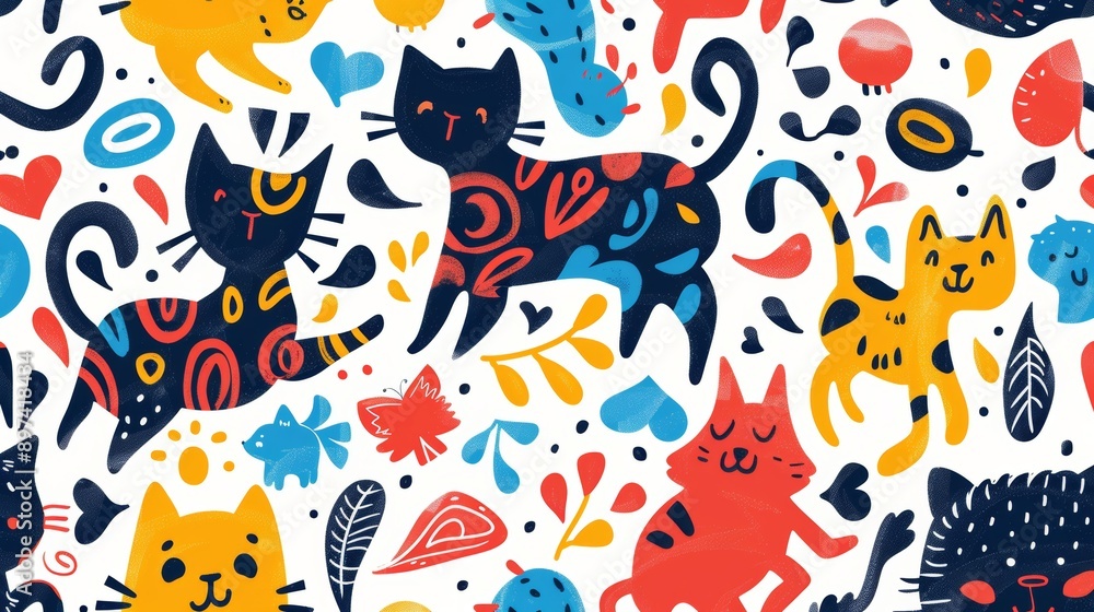 pet playful pattern, creative design featuring cats and dogs playfully chasing each other with colorful swirls and shapes, perfect for a vibrant and captivating art print pet playful pattern, creative design featuring cats and dogs playfully chasing each other with colorful swirls and shapes, perfect for a vibrant and captivating art print