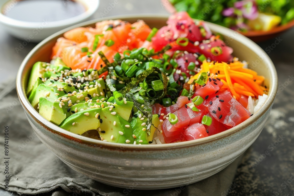 A bowl of food with a variety of ingredients including avocado, carrots A bowl of food with a variety of ingredients including avocado, carrots
